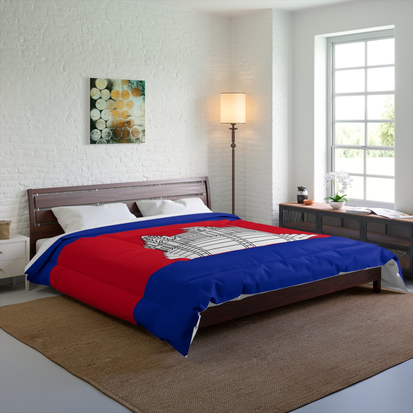 Cambodia Flag Comforter — Angkor Wat Red & Blue Decorative Bed Blanket