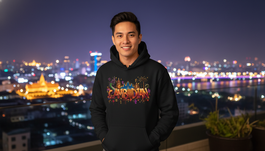 Person wearing a black hoodie with colorful text, standing against a cityscape at night.