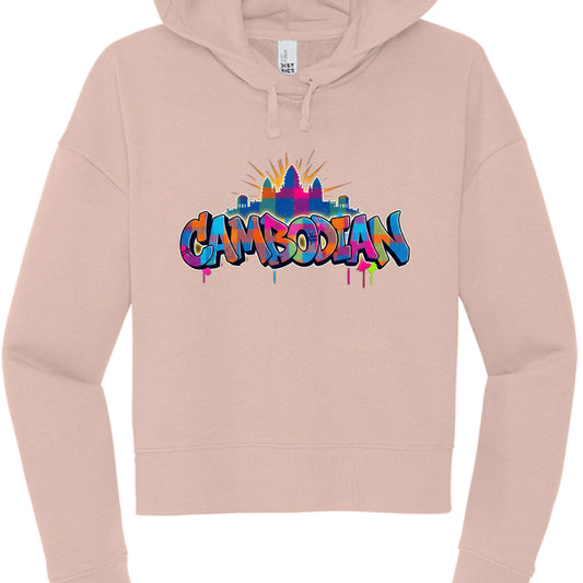 Pink hoodie with colorful 'Cambodian' text design on a white background