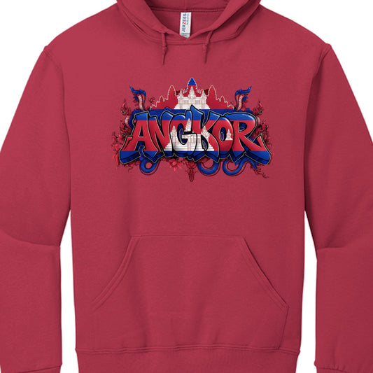 Red hoodie with 'Angkor' graphic design on a white background