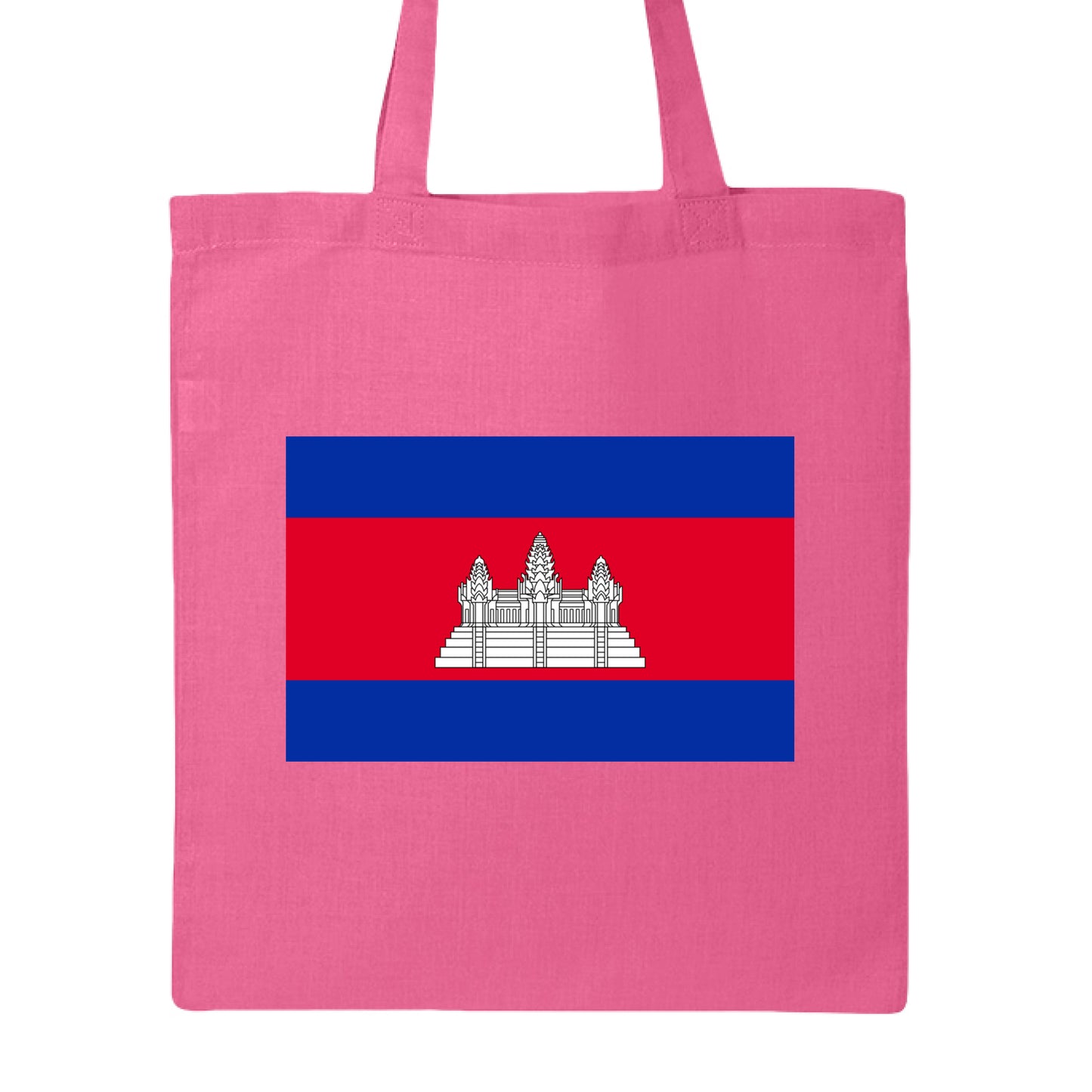 Pink tote bag with the flag of Cambodia on a white background