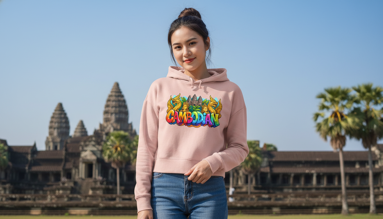 Person wearing a pink hoodie with colorful text in front of Angkor Wat.
