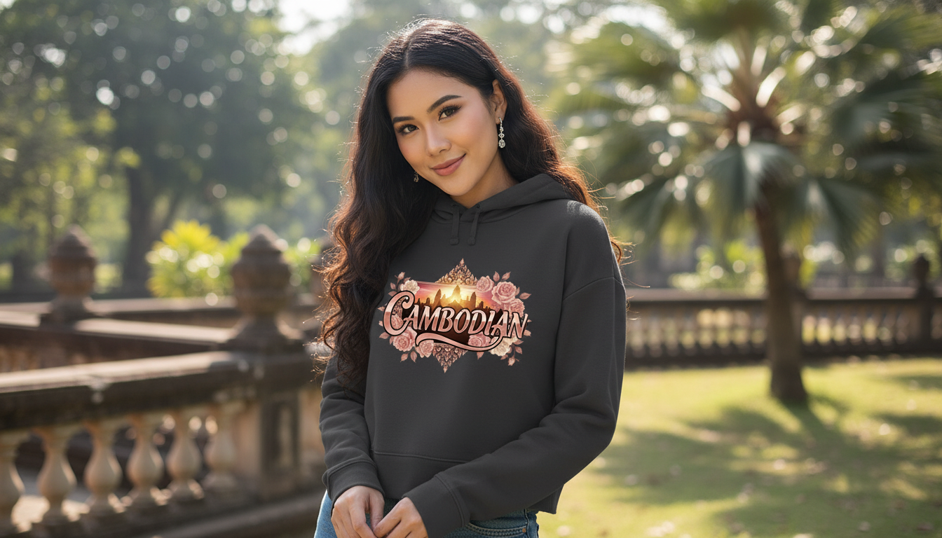 Woman wearing a hoodie with 'Cambodian' text in an outdoor setting