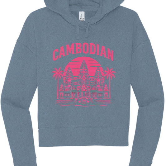 Blue hoodie with pink 'Cambodian' graphic design on a white background
