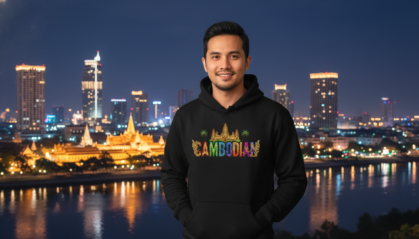Man wearing a black hoodie with 'Cambodia!' design in front of a city skyline at night.
