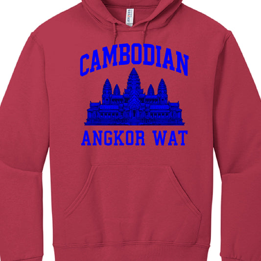 Red hoodie with blue Angkor Wat design and text on a white background