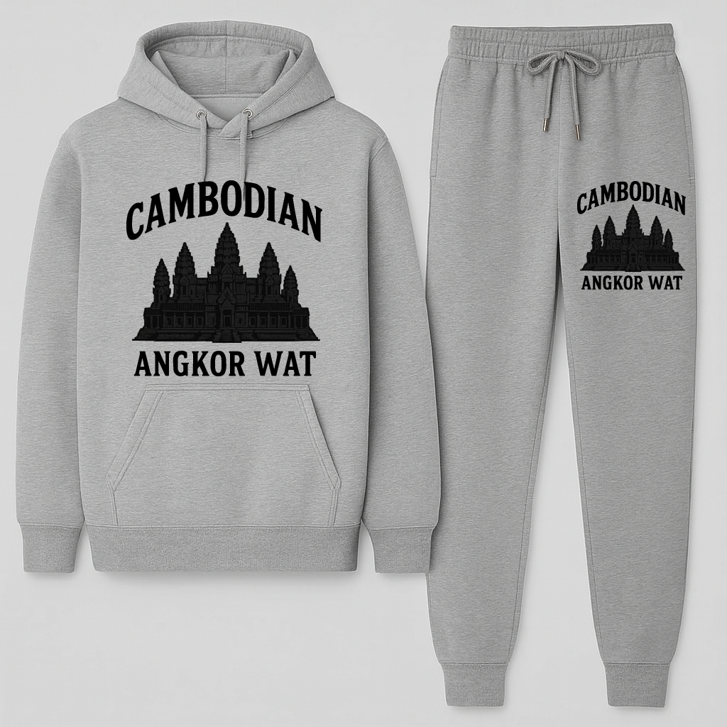 Gray hoodie and jogger set with Cambodian Angkor Wat design on a white background