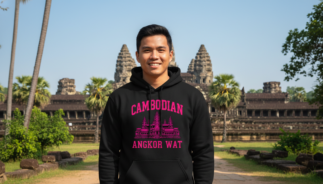 Person wearing a hoodie with 'Cambodian Angkor Wat' text in front of Angkor Wat temple complex.