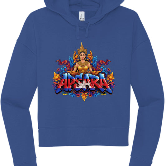 Blue hoodie with 'Apsara' design featuring a colorful figure and text on a white background