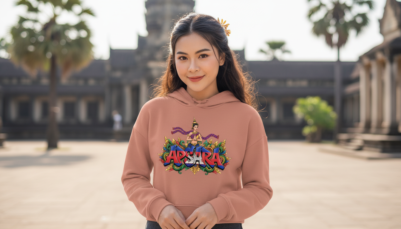 Woman wearing a pink hoodie with colorful text in front of Angkor Wat.