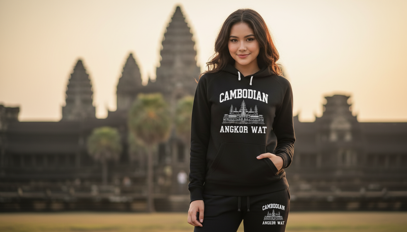Woman wearing a black hoodie with 'Cambodian Angkor Wat' text in front of Angkor Wat temple.