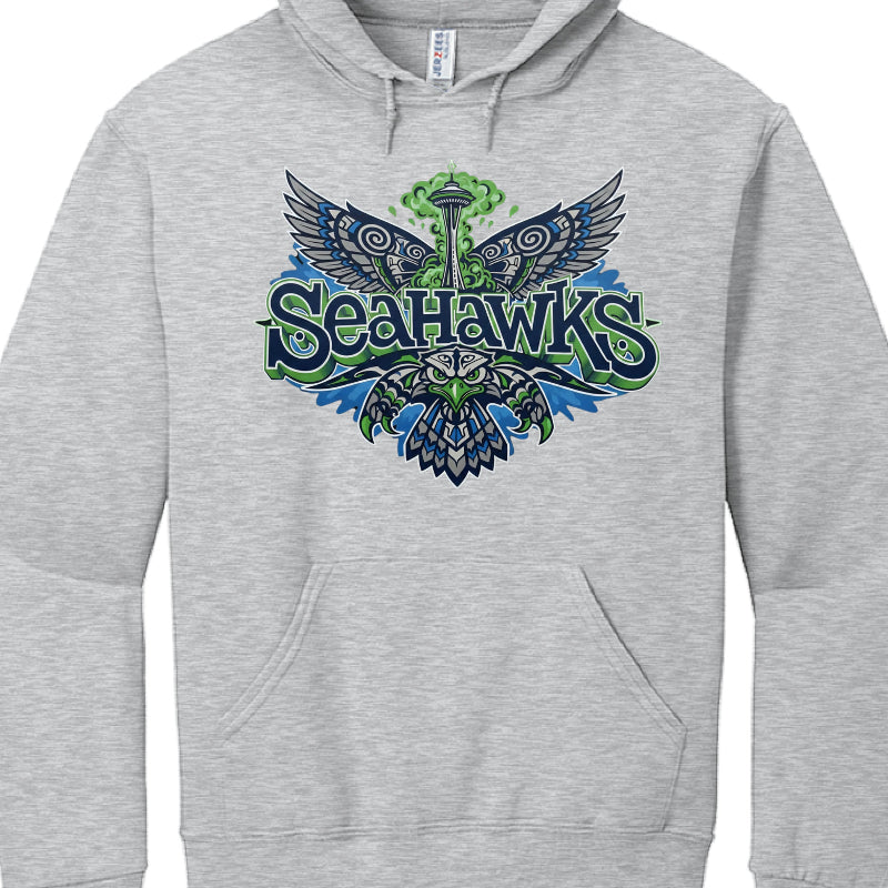 Gray hoodie with Seahawks logo featuring a butterfly design on a white background