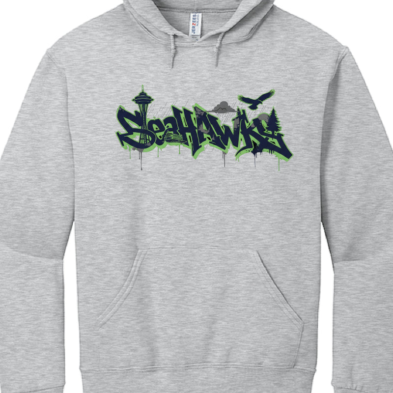 Gray hoodie with 'Snohomish' graffiti-style text design on a white background