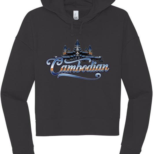 Black hoodie with 'Cambodian' and a temple design on a white background