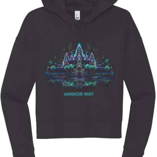 Black hoodie with Angkor Wat graphic design on a white background
