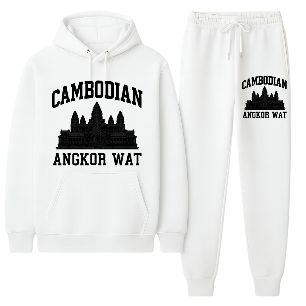 White hoodie and sweatpants set with Cambodian Angkor Wat design on a white background