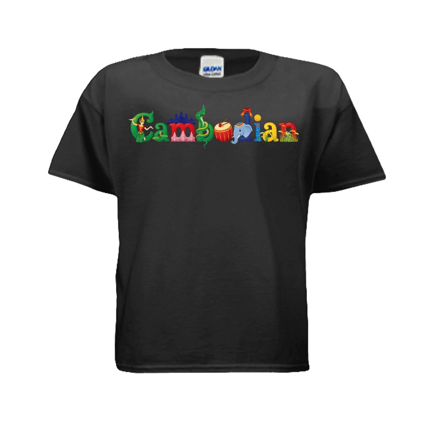 Black t-shirt with a white logo on a white background