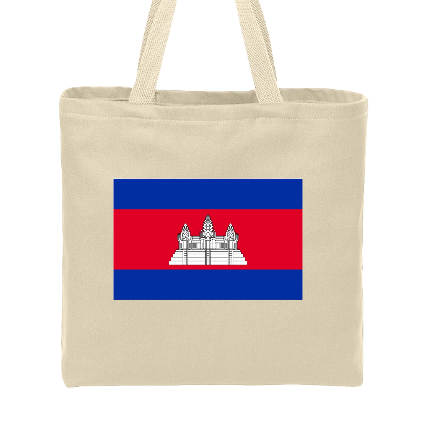 Beige tote bag with a Cambodian flag design on a white background