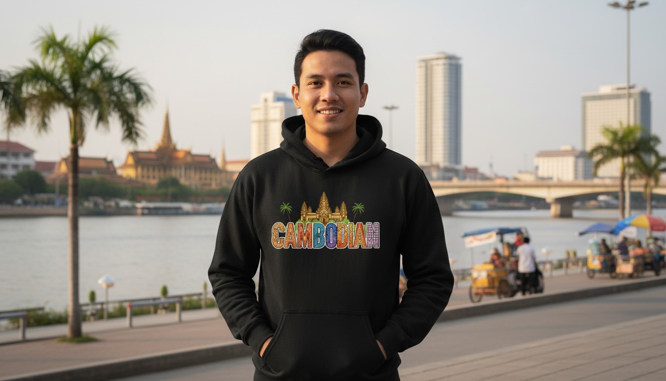 Person wearing a hoodie with 'Caribbean' text and palm tree graphics, standing in front of a city skyline.