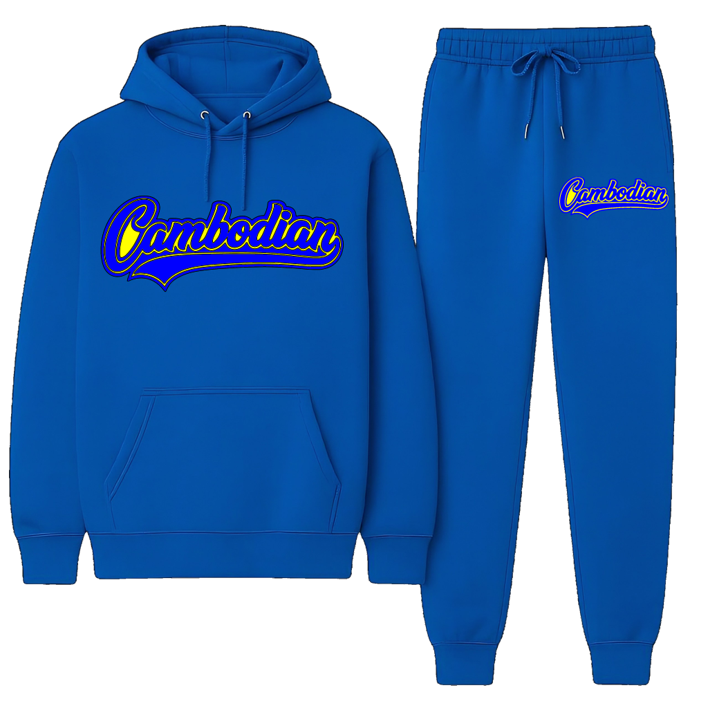 Blue hoodie and jogger set with 'Cambodian' text on a white background