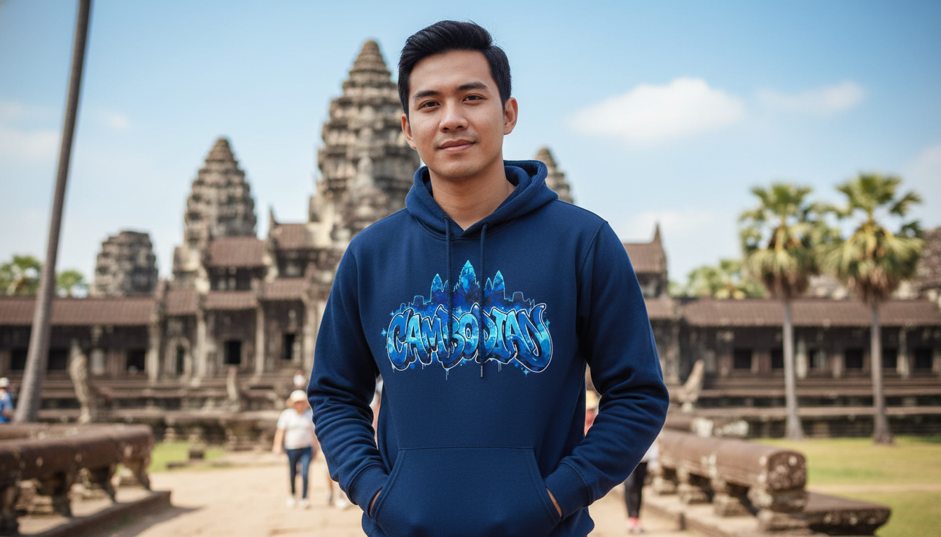 Person wearing a blue hoodie with a logo in front of Angkor Wat.