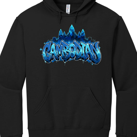 Black hoodie with blue 'Cambodians' graphic design on a white background