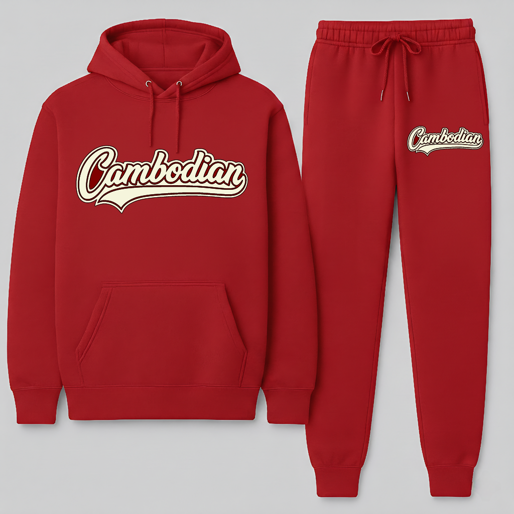 Red hoodie and jogger pants set with 'Cambodian' text on a gray background