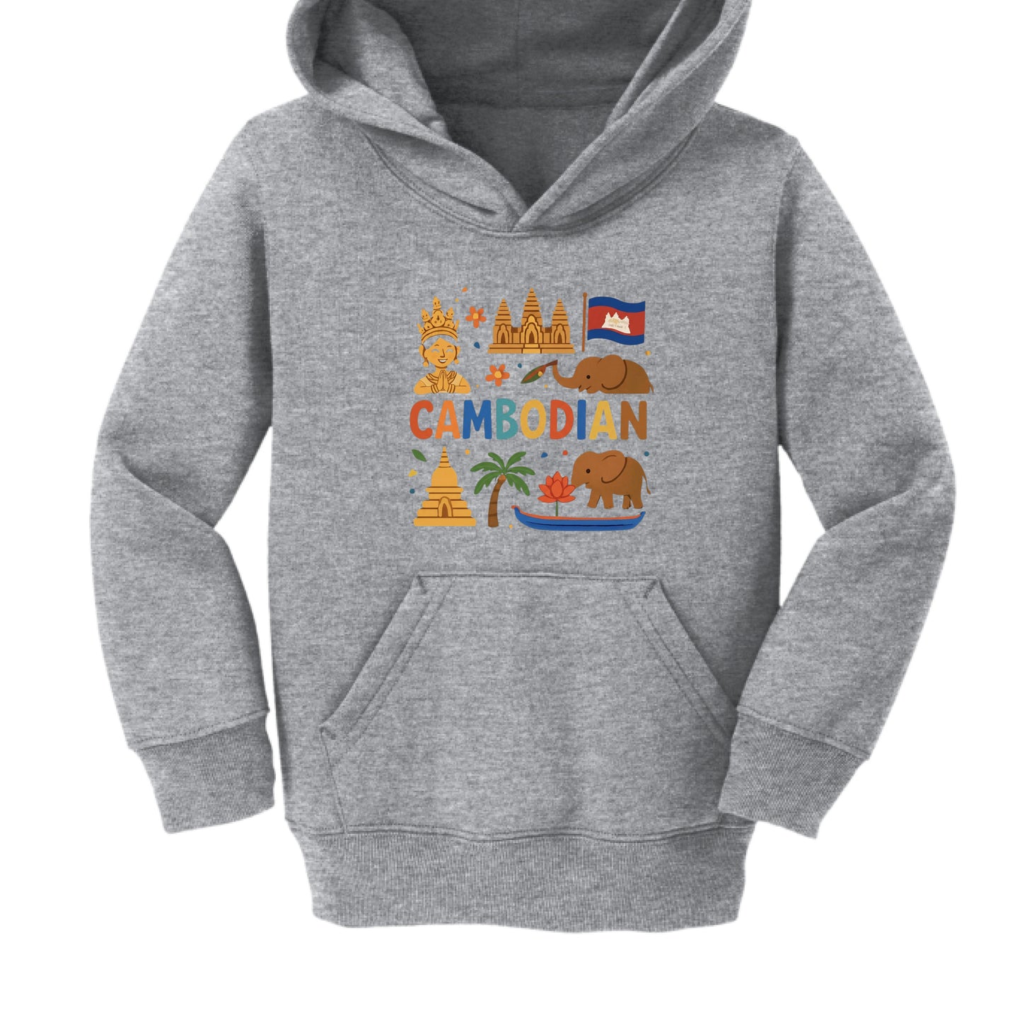Gray hoodie with colorful Cambodian-themed graphics on a white background