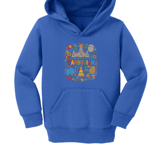 Blue hoodie with colorful 'Cambodian' design on a white background