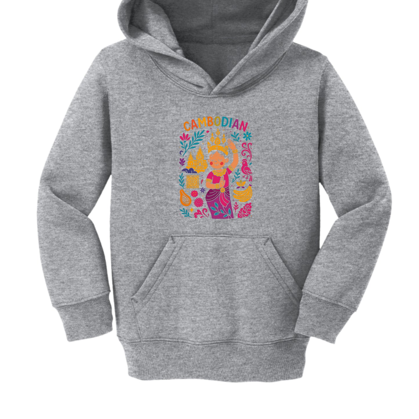 Gray hoodie with colorful 'Cambodian' design on a white background