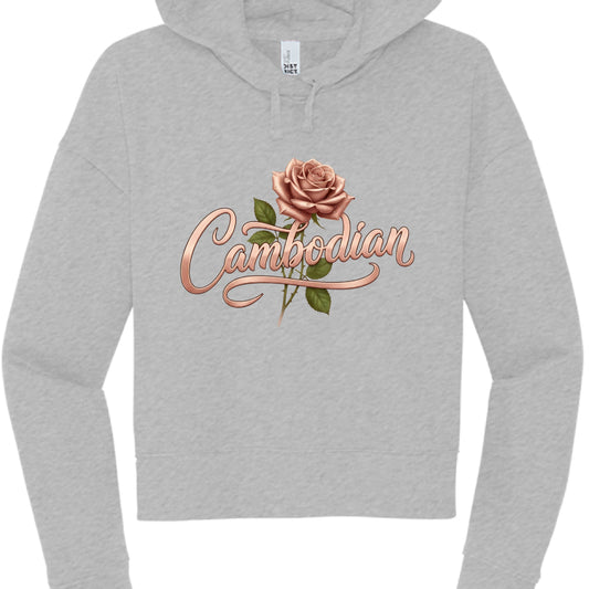 Gray hoodie with a rose and 'Cambodian' text design on a white background