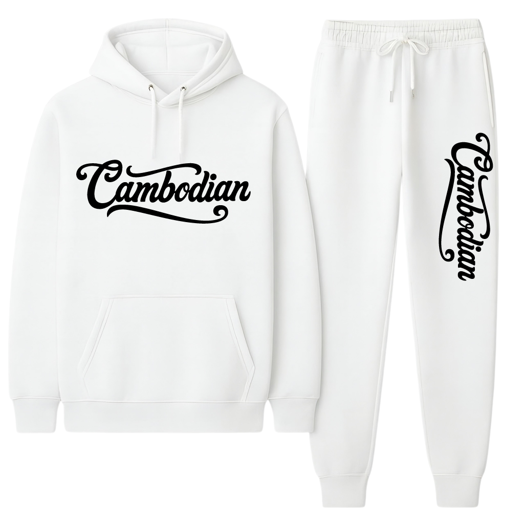 White hoodie and jogger pants set with 'Cambodian' text on a white background