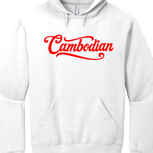 White hoodie with red 'Cambodian' text on a white background