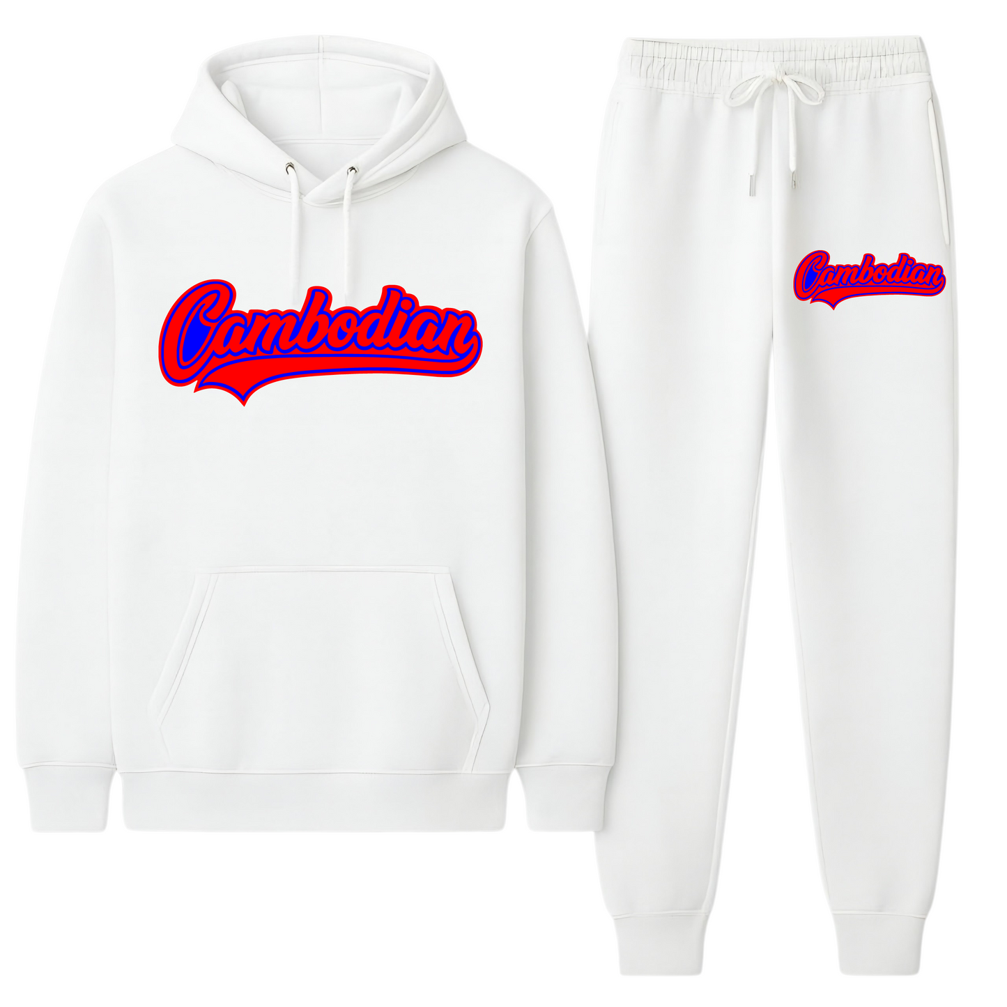 White hoodie and sweatpants set with 'Cambodian' text in red and blue on a white background