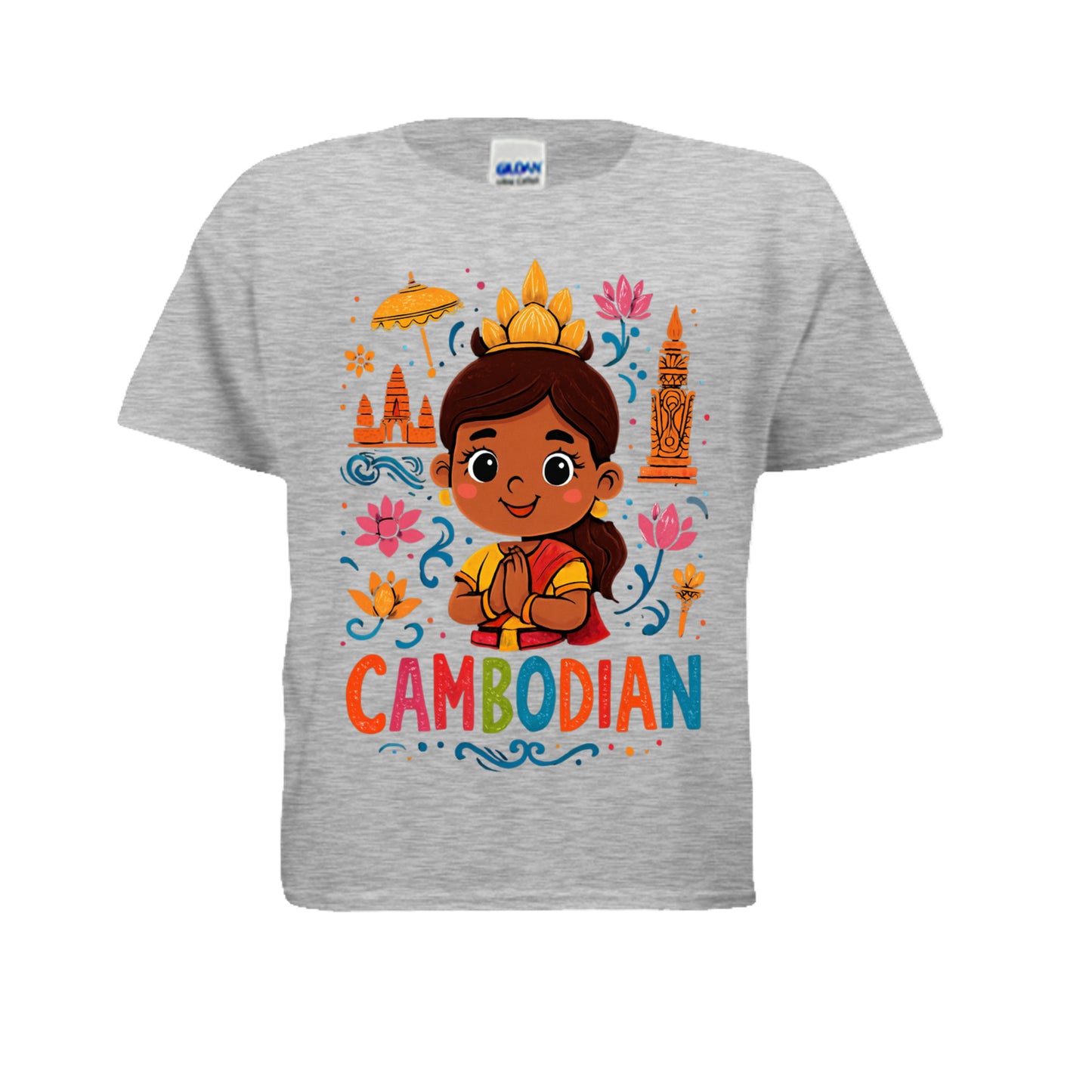 Gray t-shirt with a colorful design featuring a cartoon character and the word 'Cambodian' on a white background.
