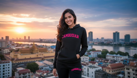 Woman wearing a black hoodie with 'Cambodian' text, standing in front of a cityscape with a sunset.