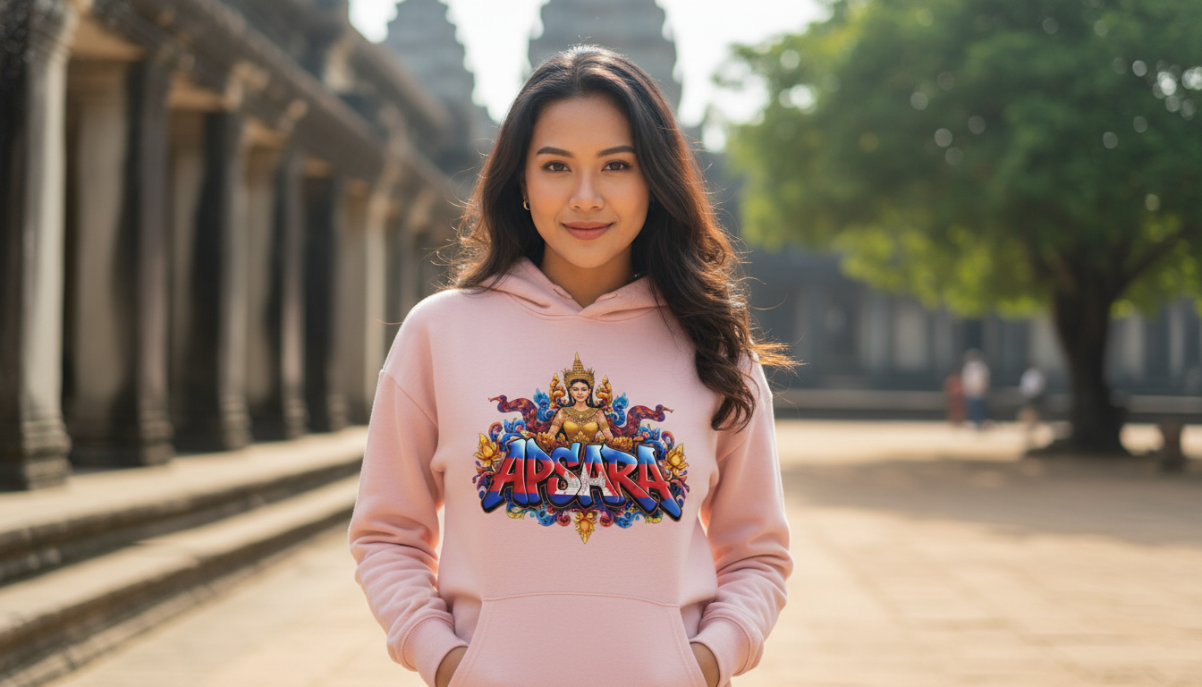 Person wearing a pink hoodie with colorful design in front of temple architecture