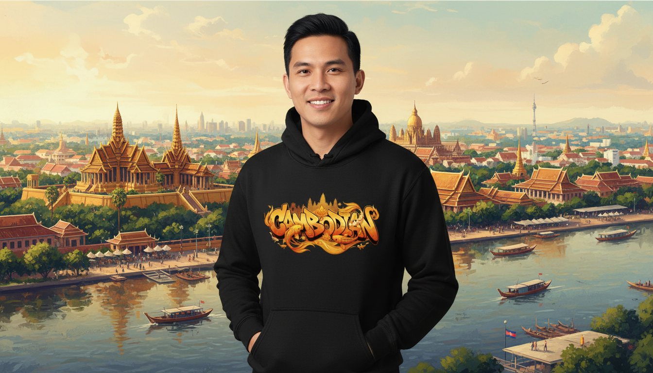 Person wearing a black hoodie with 'Cambodian' text in front of a scenic cityscape with temples and water.