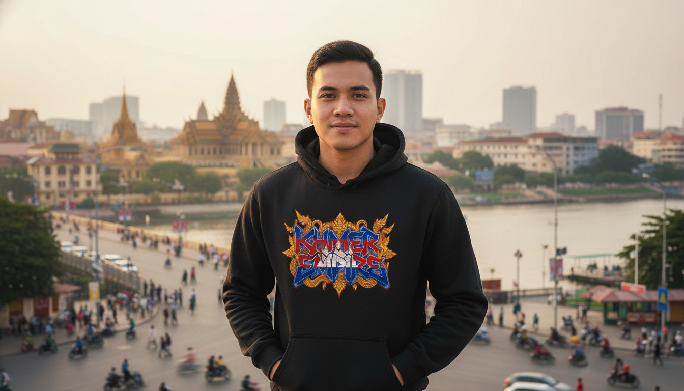 Person wearing a black hoodie with colorful graphics in an urban setting