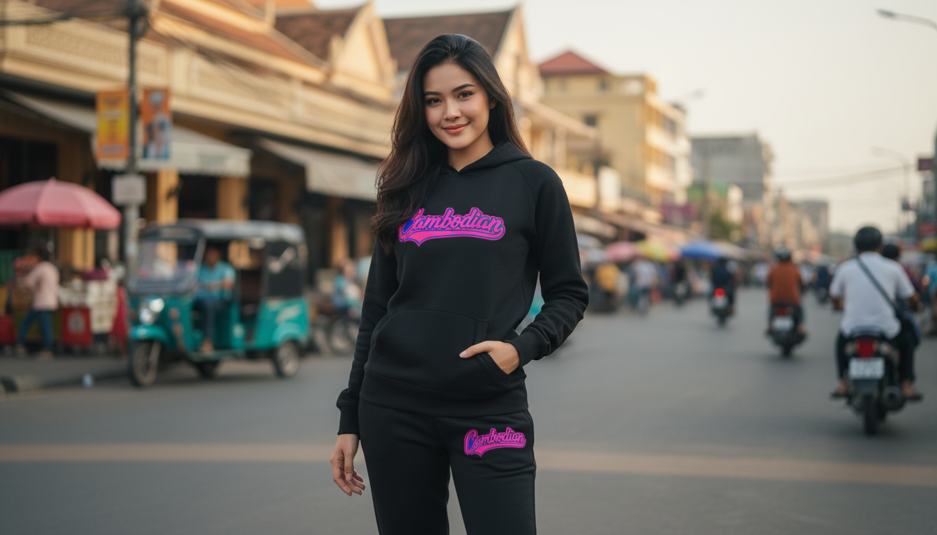 Woman wearing a black hoodie with pink text on a street.