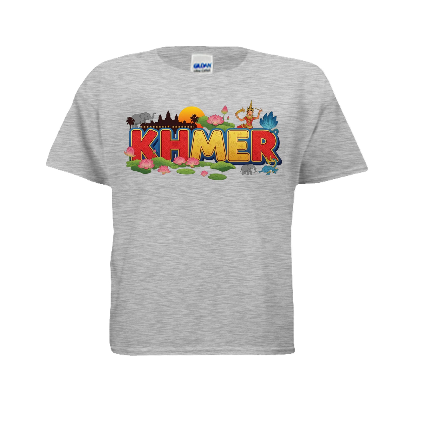 Gray t-shirt with colorful 'KHMER' text and graphics on a white background