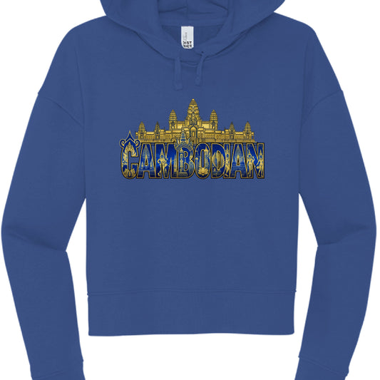 Blue hoodie with 'Cambodian' text and Angkor Wat design on a white background