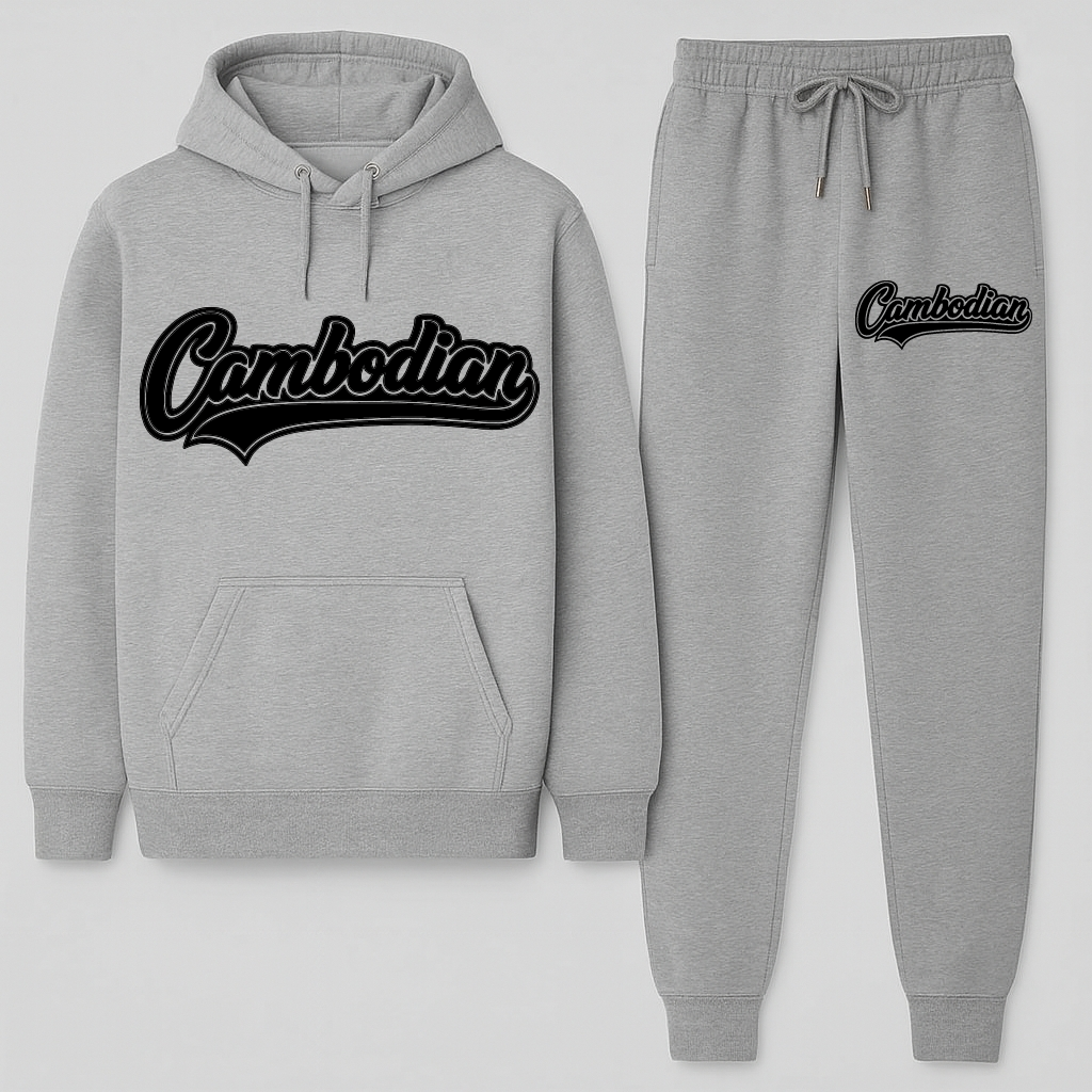Gray hoodie and jogger set with 'Cambodian' text on a white background