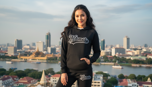 Woman wearing a black hoodie with 'Khmer' text, standing in front of a city skyline.