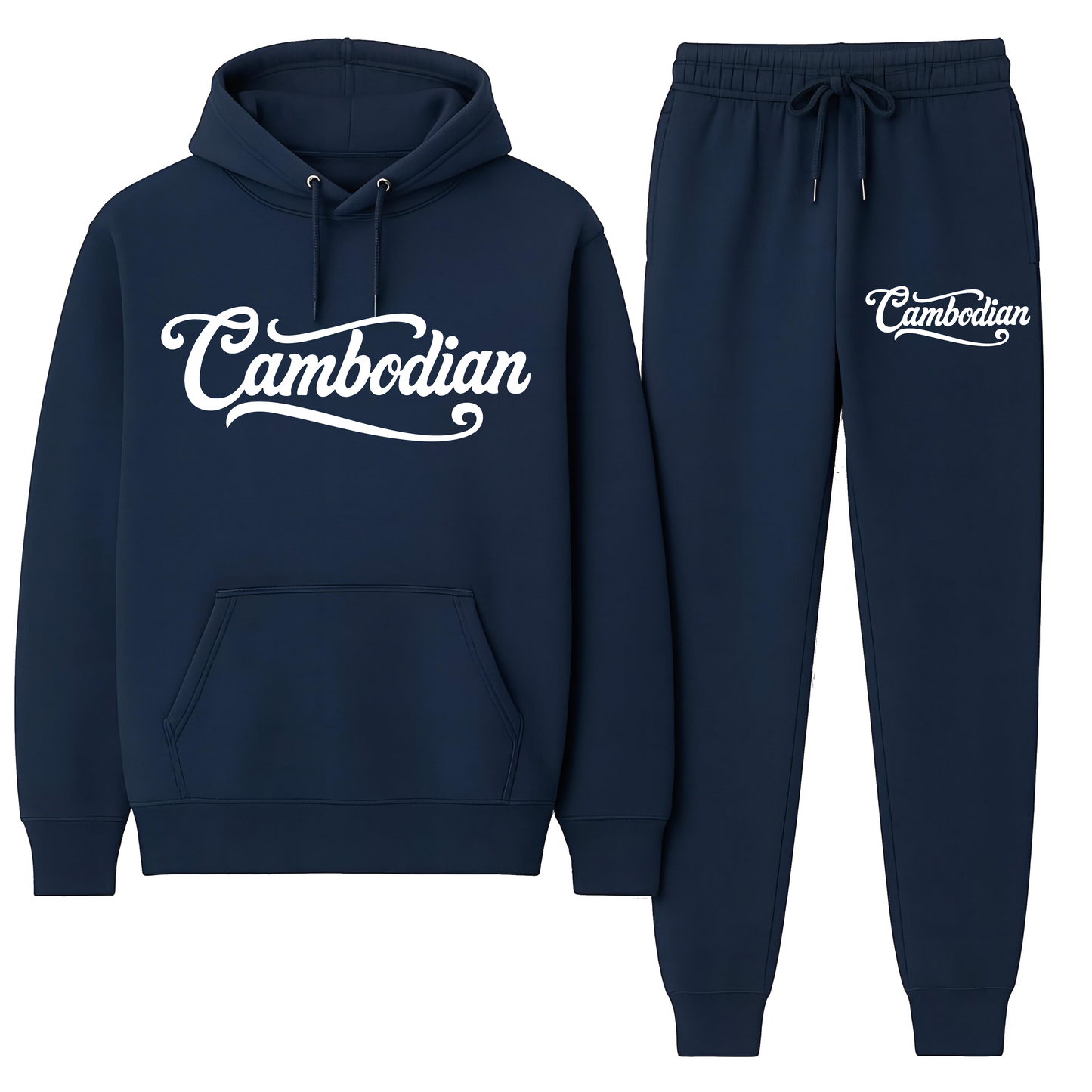 Navy blue hoodie and jogger set with 'Cambodian' text on a white background