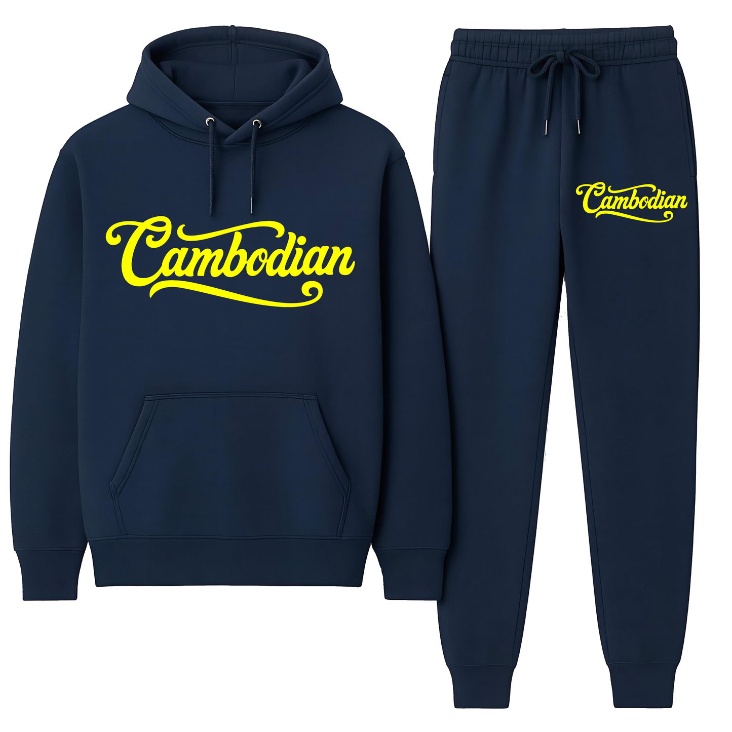 Navy hoodie and jogger set with 'Cambodian' text on a white background