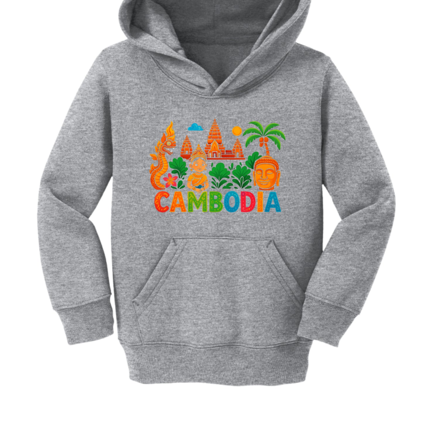 Gray hoodie with colorful Cambodia-themed design on a white background