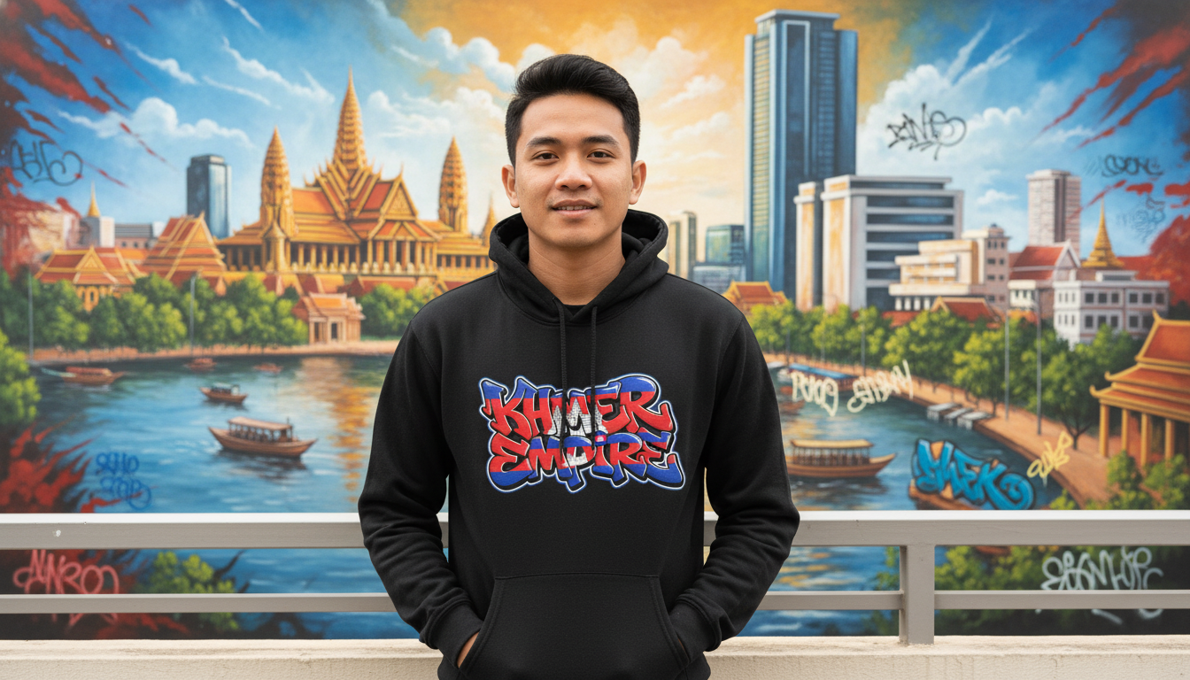 Person wearing a black hoodie with colorful text in front of a vibrant mural of a cityscape.