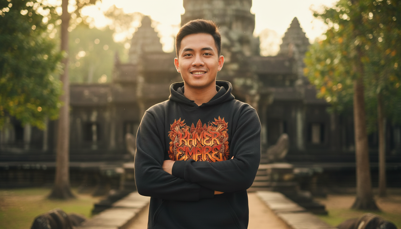 Person wearing a hoodie with a temple in the background