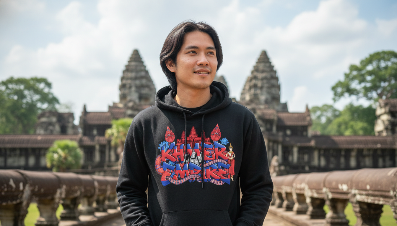 Person wearing a black hoodie with colorful graphics in front of Angkor Wat.